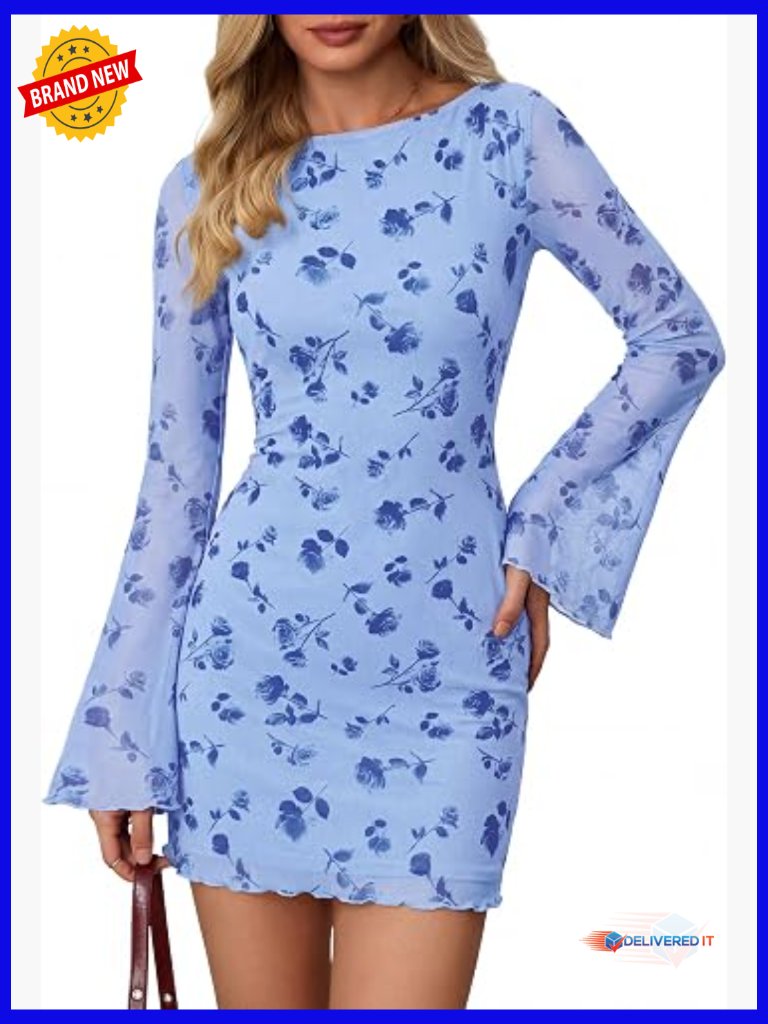 Floral Print Boat Neck Mini Bodycon Dress With Bell Sleeves
